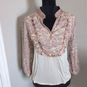 Anthropologie Gold Puff Sleeve Ruffled Blouse